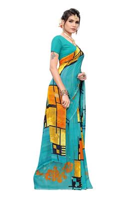 Blue Printed Georgette Saree With Blouse 3