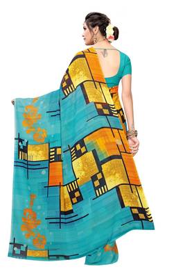 Blue Printed Georgette Saree With Blouse 4