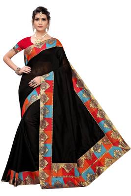 Black Plain Chanderi Cotton Saree With Blouse 1