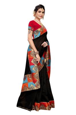 Black Plain Chanderi Cotton Saree With Blouse 3