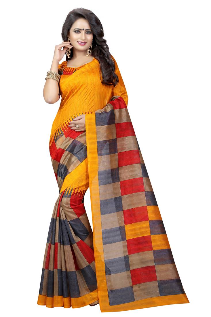 yellow Printed Bhagalpuri Silk Saree With Blouse
