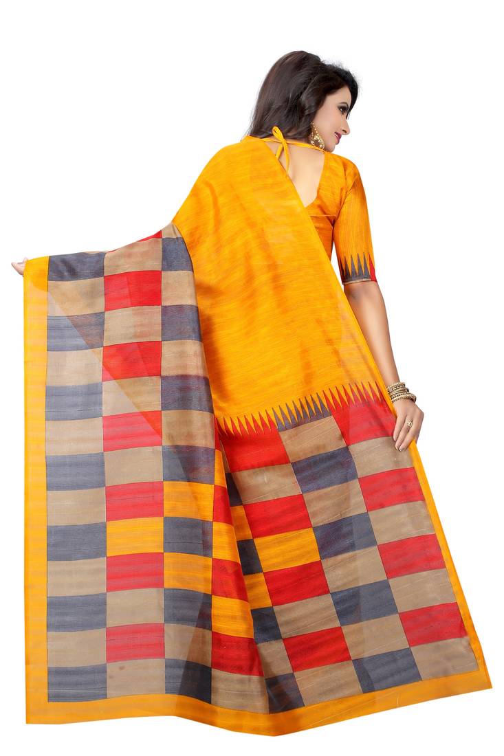 yellow Printed Bhagalpuri Silk Saree With Blouse