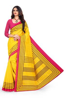 Yellow printed art silk sarees saree with blouse 1