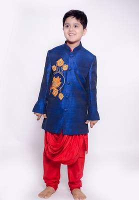 Red Kurta Pyjama with lotus cowl achkan set for boys	 1