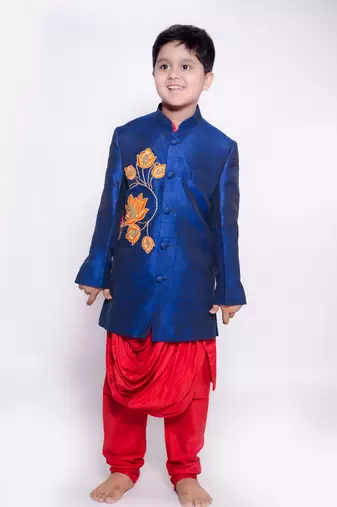 Red Kurta Pyjama with lotus cowl achkan set for boys	