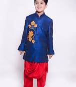 Red Kurta Pyjama with lotus cowl achkan set for boys	
