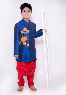 Red Kurta Pyjama with lotus cowl achkan set for boys	 2