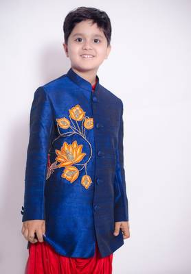 Red Kurta Pyjama with lotus cowl achkan set for boys	 3