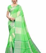 Parrot green woven cotton silk saree with blouse