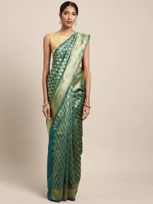 Green woven banarasi silk saree with blouse 3