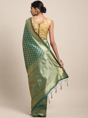 Green woven banarasi silk saree with blouse 4