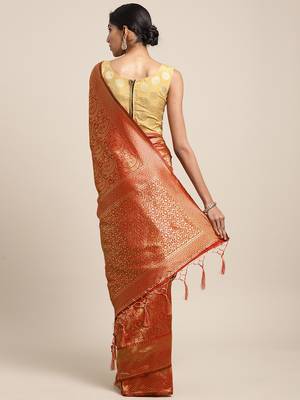 Orange woven banarasi silk saree with blouse 2
