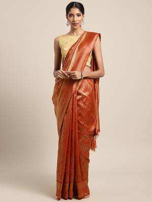 Orange woven banarasi silk saree with blouse 3