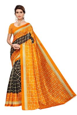 Black printed art silk saree with blouse 1