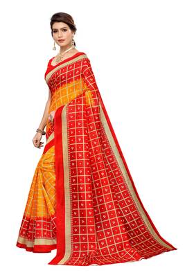 Yellow printed art silk saree with blouse 2