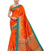 Orange printed art silk saree with blouse
