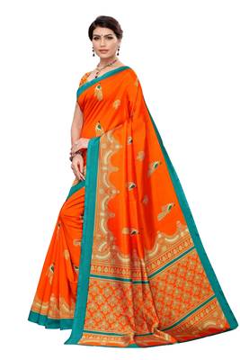 Orange printed art silk saree with blouse 2