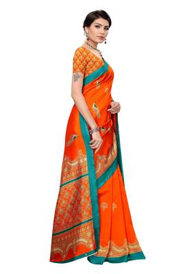Orange printed art silk saree with blouse 3