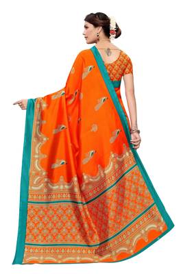 Orange printed art silk saree with blouse 4