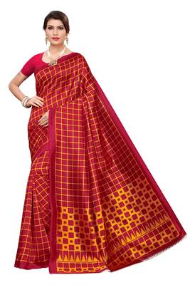 Maroon printed art silk saree with blouse 1