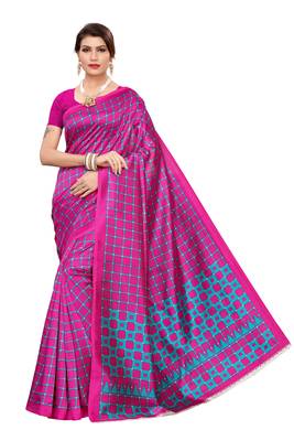 Pink printed art silk saree with blouse 1
