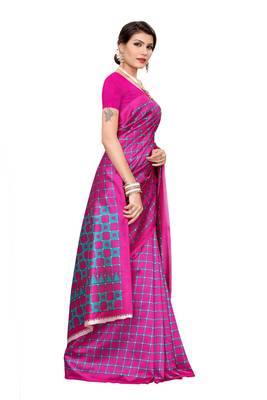 Pink printed art silk saree with blouse 3