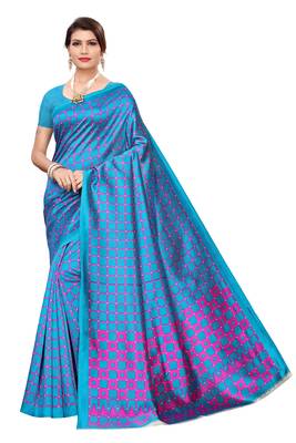 Dark sky blue printed art silk saree with blouse 1