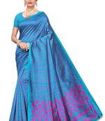 Dark sky blue printed art silk saree with blouse