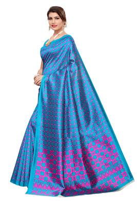 Dark sky blue printed art silk saree with blouse 2