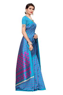 Dark sky blue printed art silk saree with blouse 3