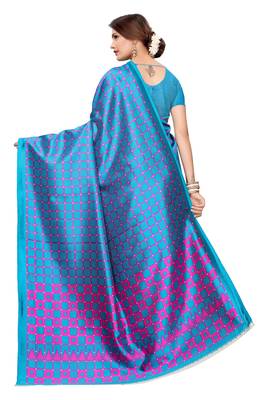 Dark sky blue printed art silk saree with blouse 4