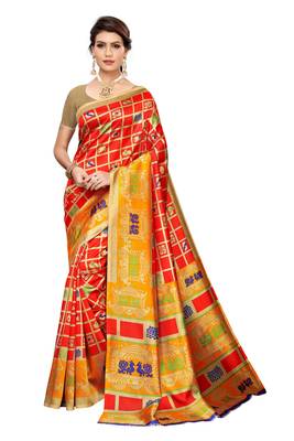 Red printed art silk saree with blouse 1