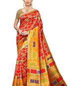 Red printed art silk saree with blouse