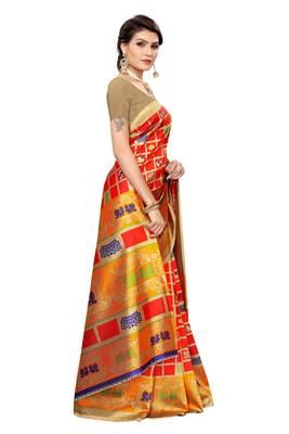 Red printed art silk saree with blouse 3