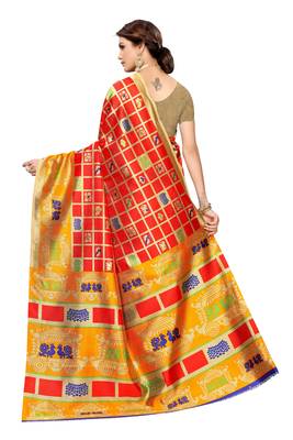 Red printed art silk saree with blouse 4