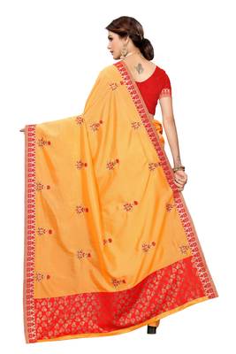 orange embroidered silk blend saree with blouse 4