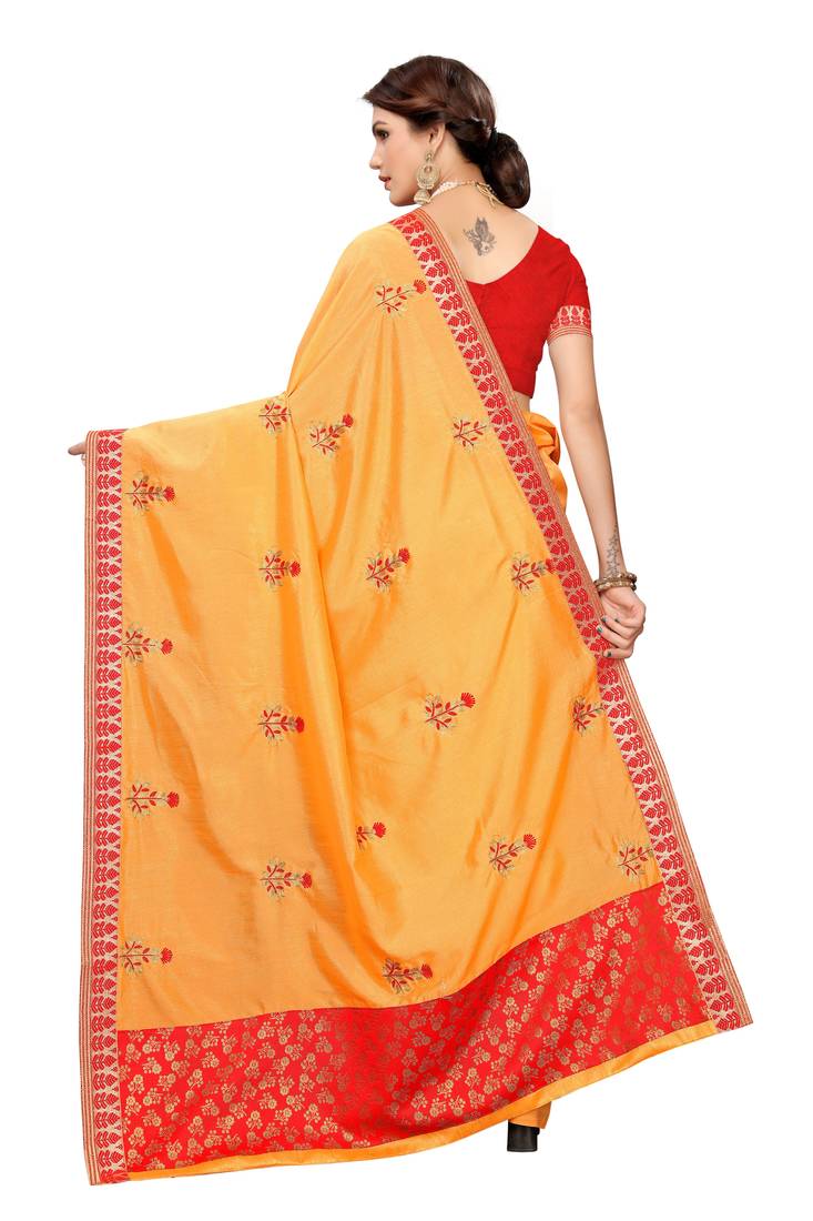 orange embroidered silk blend saree with blouse