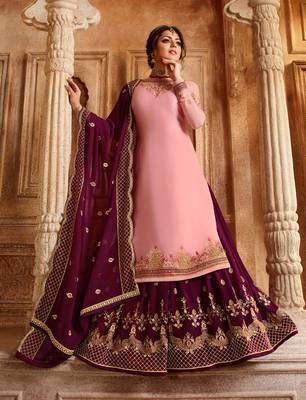 Light-pink embroidered georgette semi stitched salwar with dupatta 1