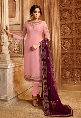 Light-pink embroidered georgette semi stitched salwar with dupatta 2