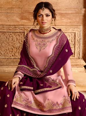 Light-pink embroidered georgette semi stitched salwar with dupatta 3