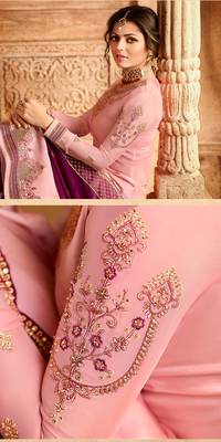 Light-pink embroidered georgette semi stitched salwar with dupatta 4