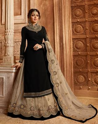 Black embroidered georgette semi stitched salwar with dupatta 1