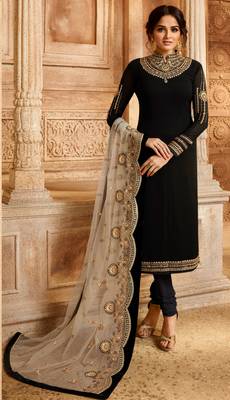 Black embroidered georgette semi stitched salwar with dupatta 2