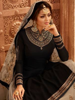 Black embroidered georgette semi stitched salwar with dupatta 4