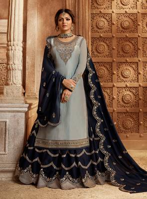Light-sky-blue embroidered georgette semi stitched salwar with dupatta 1