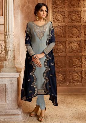 Light-sky-blue embroidered georgette semi stitched salwar with dupatta 2