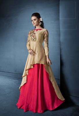 Beige resham embroidery silk semi stitched salwar with dupatta 1