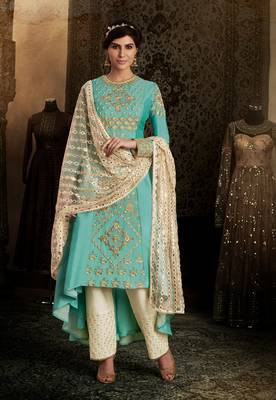 Sky-blue thread embroidery silk semi stitched salwar with dupatta 1