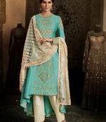Sky-blue thread embroidery silk semi stitched salwar with dupatta