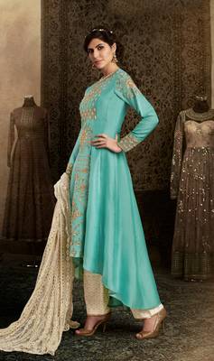 Sky-blue thread embroidery silk semi stitched salwar with dupatta 2
